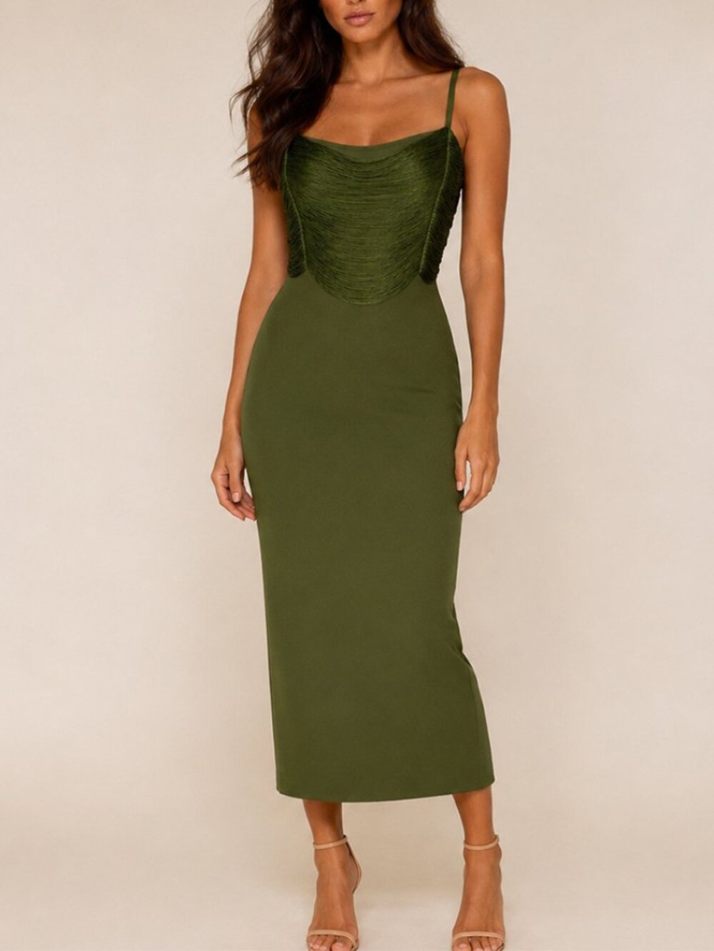 Olive Green Fringe Bodice Spaghetti Strap Midi Dress